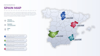 Naklejka premium Total Area, Papulation, States & More Detailed Infographic Map of Spain. Spain country map infographic colored vector template with regions and pointer marks.