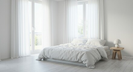 Bright Bedroom Interior with Bed, Windows and Wooden Stool, Minimalist Style