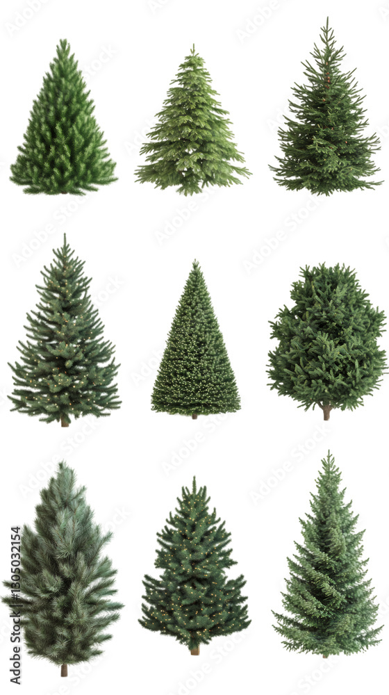 Poster christmas trees collection with transparent background, ideal for festive design and decorative holi