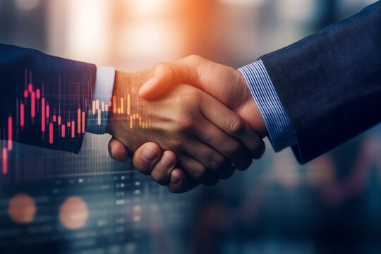 Two business professionals shake hands in a modern office, symbolizing partnership and collaboration