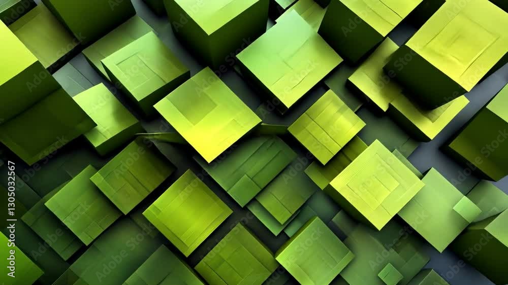 Poster abstract cube arrangement: a striking abstract composition of numerous green cubes arranged in a see