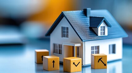 Closeup of a small scale model of a residential house with cardboard boxes and logistics transportation symbols representing the concept of home delivery package shipping and distribution services