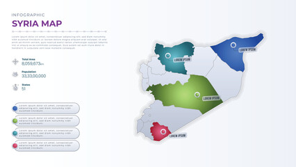 Obraz premium Total Area, Papulation, States & More Detailed Infographic Map of Syria. Syria country map infographic colored vector template with regions and pointer marks.