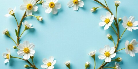 Fototapeta premium Delicate White Blossoms Arranged in a Circular Frame on a Light Blue Background