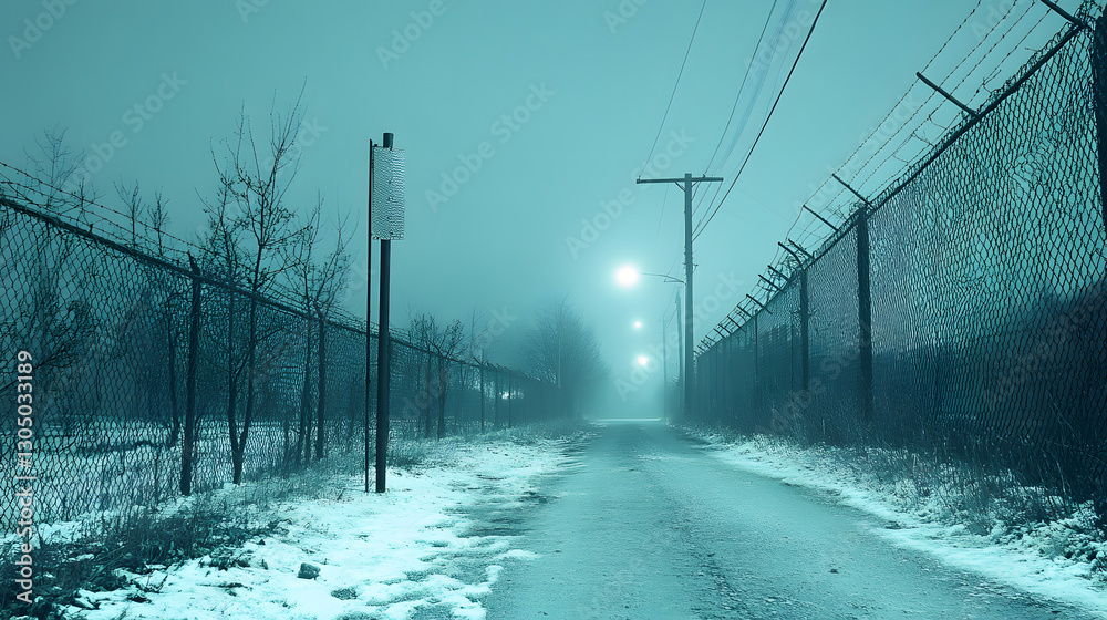 Poster a foggy, wintry scene features a desolate road lined with a chain-link fence, illuminated by distant