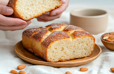 Homemade sweet bread with a golden crust and powdered sugar, served on a wooden plate with almonds and a cup of tea