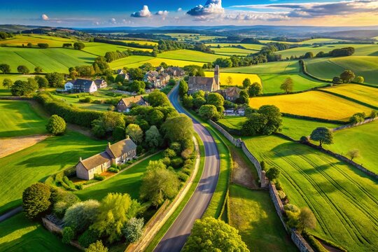 Aerial View of Oakham, Rutland, England: Country Road Winding Through Scenic Landscape