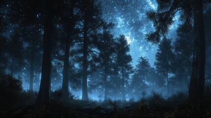 Fototapeta premium Mystical night forest scene with starry sky and fog.