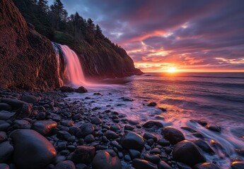 Obraz premium Serene Sunset Over Waterfall and Rocky Shoreline with Dramatic Sky and Gentle Ocean Waves Near Forested Cliff