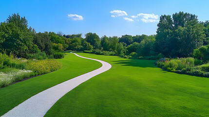 Obraz premium A serene pathway winds through lush greenery under a clear blue sky, inviting peaceful walks and nature appreciation