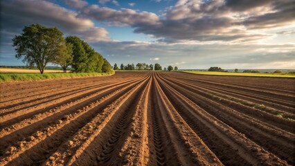 Expansive agricultural field with furrows under a bright sky at sunset