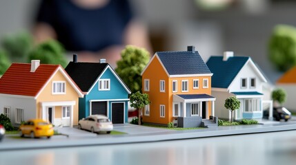 Closeup view of a scaled model neighborhood featuring a collection of miniature model homes buildings and structures in a suburban setting  Detailed architecture colorful facades