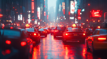 Experience the vibrant energy of city life with this striking scene of traffic illuminated by neon lights, showcasing the unique atmosphere of an urban environment at night.