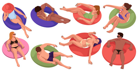 Set Of Boy And Girl Floating On Rubber Ring