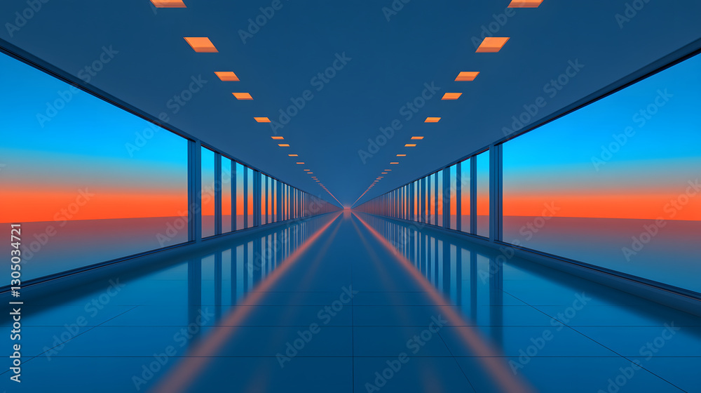 Poster a serene corridor with a reflective surface, illuminated by soft lights, leading to a colorful sunse