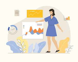 Benchmarking concept. Benchmark business development. Analysis financial statistics, data, graph, chart, report of a leader competitor's company. Flat vector illustration.