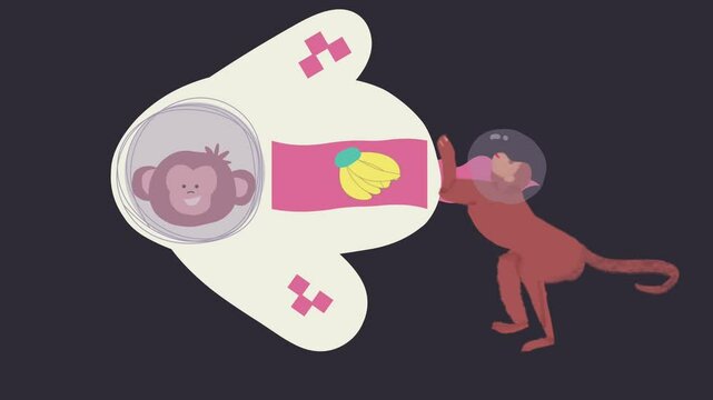 A monkey pushes a broken spaceship while its friend controls from inside, portraying teamwork in a fun sci-fi scene.
