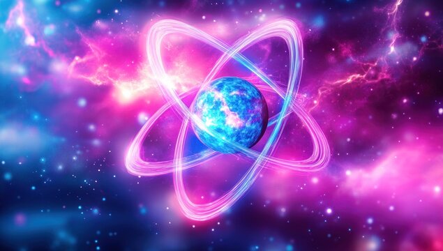 Abstract atom in space, vibrant cosmic nebula background.