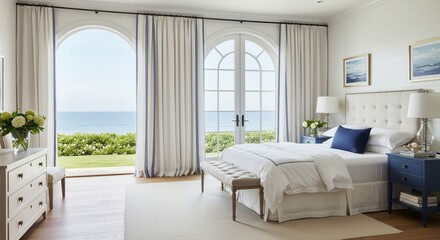 Fototapeta premium Bright Coastal Bedroom Interior with Ocean View and Elegant Furniture