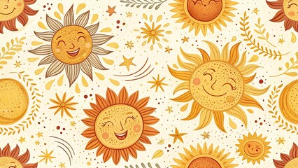 A charming vintage-style sun and moon pattern featuring smiling celestial faces with intricate details in warm golden and beige tones. Perfect for boho and astrology-themed designs.