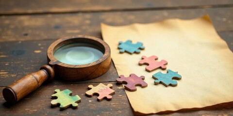Unveiling Secrets A Wooden Magnifying Glass and Colorful Jigsaw Puzzle Pieces Rest on an Aged Parchment Document on a Rustic Wooden Surface