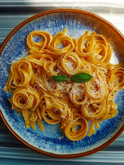 A colorful serving of fresh fettuccine adorned with herbs and cheese, presenting a feast for both the eyes and the palate, inviting culinary exploration and joy.