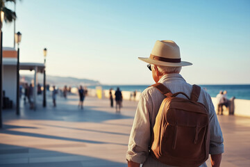  Elderly traveler walking along a scenic beachside promenade