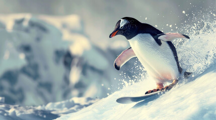 Obraz premium A penguin goes down a mountainside on a snowboard. The scene is lively and cheerful