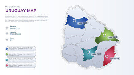 Obraz premium Total Area, Papulation, States & More Detailed Infographic Map of Uruguay. Uruguay country map infographic colored vector template with regions and pointer marks.