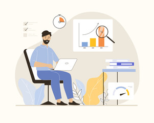 Benchmarking concept. Benchmark business development. Analysis financial statistics, data, graph, chart, report of a leader competitor's company. Flat vector illustration.