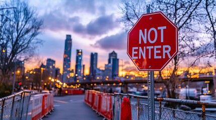 Obraz premium A striking stop sign reads 'NOT ENTER' against a vibrant city skyline at sunset.