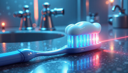 Futuristic toothbrush with innovative toothpaste in elegant bathroom, health innovation, World Health Day, Blurred Background