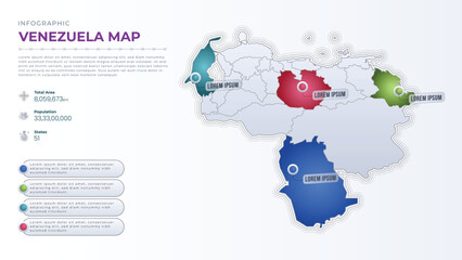 Naklejka premium Total Area, Papulation, States & More Detailed Infographic Map of Venezuela. Venezuela country map infographic colored vector template with regions and pointer marks.
