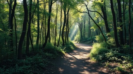 Naklejka premium A forest path winding through dense underbrush with sunlight filtering through, nature, impressionism