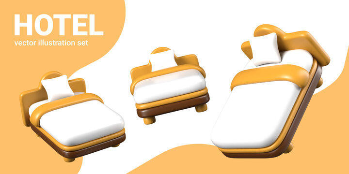 Wooden bed with accessories. Realistic model with mattress, sheet, blanket, pillow. Vector detailed model with figure headboard. Object in different positions