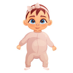 Adorable baby girl in beige bodysuit. Cute newborn cartoon vector illustration isolated on white background.