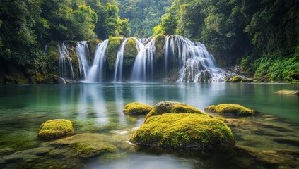Obraz premium Serene Tropical Waterfall Cascading Into Clear Pool Surrounded by Lush Greenery and Mossy Rocks in Tranquil Nature Setting