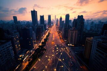 Obraz premium City skyline illuminated by vibrant sunset with flowing traffic and urban architecture at dusk