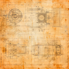 This vintage engineering blueprint features detailed designs of mechanical components and systems, showcasing the complexities of engineering and innovation in design.