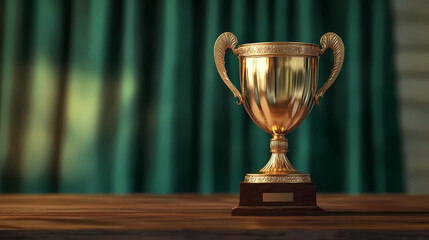 Golden Trophy on Wooden Table with Green Curtains