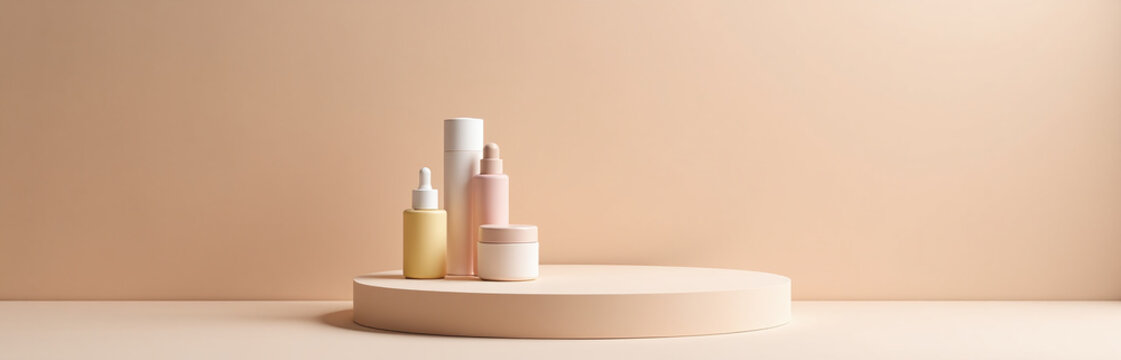 A Simple Beige Podium Is Used For Presenting Various Cosmetic Products In A Visually Appealing Manner To Potential Customers.