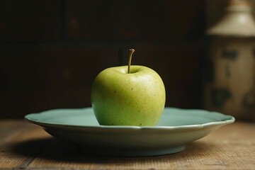 A Green Apple Sitting on a Blue Plate on a Table - Generative AI