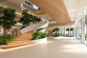 Obraz premium Elegant and modern interior design of a bright atrium with a wooden staircase and lush greenery