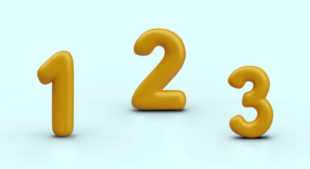 Set of first three numbers. Isolated 3D templates in holiday style. Golden elements with counting concept. 1, 2, 3. Models for holiday compositions, numbering, countdown