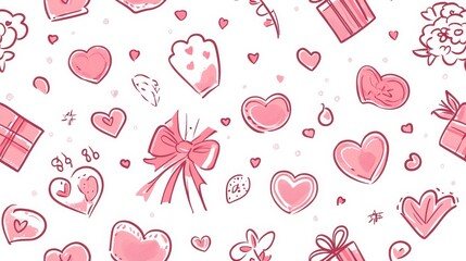 Cute cartoon pattern with flowers, presents, and pink line drawings for Mother's Day on a white background, conveying love and affection, adding depth and dimensionality in a vector illustration.