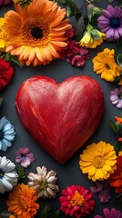 Heart surrounded by colorful flowers on grey