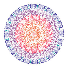 An intricate, circular mandala design featuring vibrant colors and detailed floral and geometric patterns.