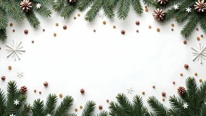 Intricate Christmas Snowflakes and Evergreen Border: Perfect Winter-Themed Space for Festive Greetings in Photo Stock with Empty Left Side for Custom Messages
