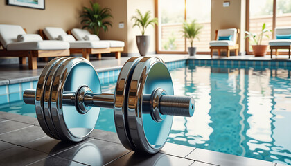 Chrome dumbbells by indoor pool reflecting luxury, fitness and wellness, World Health Day