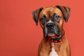 Fototapeta premium Boxer dog on minimalistic colorful background with Copy Space. Perfect for banners, veterinary ads, pet food promotions, and minimalist designs.